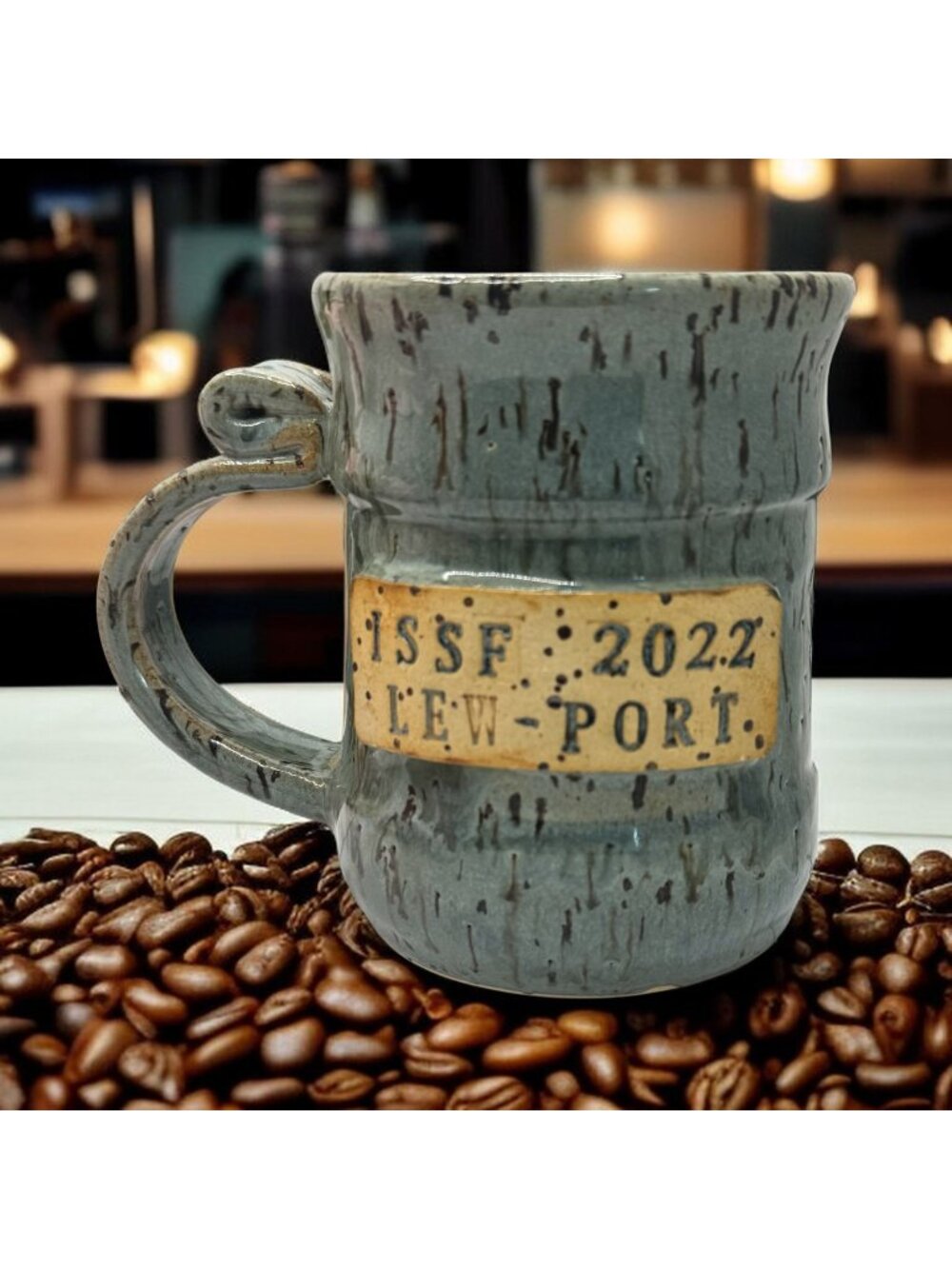 Handcrafted Ceramic Mug ISSF 2022 Newport Green & Brown Speckled Glaze With Hand